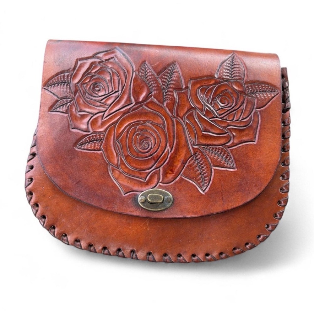 Vintage Hand Tooled Leather Rose Saddle Bag Brown Whipstitch Crossbody Purse